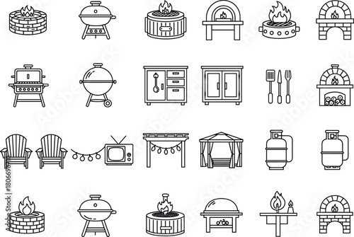 Here is the SEO-optimized title and keyword set for your outdoor kitchen and patio icons, tailored for Adobe Stock and meeting your specific counting constraints.