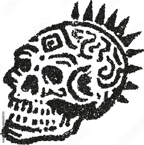 Punk skull with mohawk and tribal maze patterns, illustrated in a creative stipple vector style. Edgy design for subculture themes, tattoos, or music event posters.
