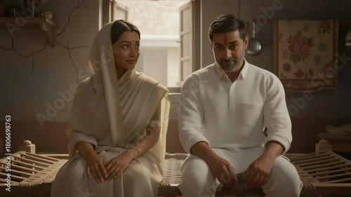 A traditional Indian couple sits indoors in their village home, sharing a warm and peaceful moment together.