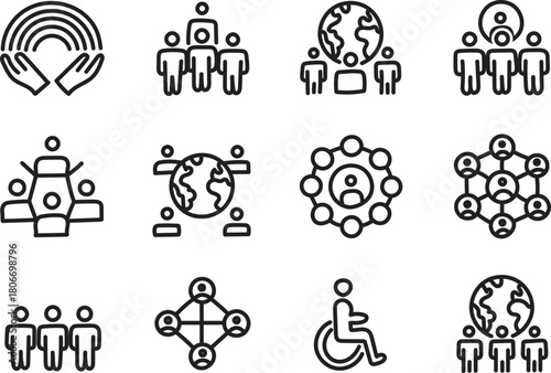Global Unity Network Icons Set – Diversity Collaboration Inclusion Outline Symbol Pack