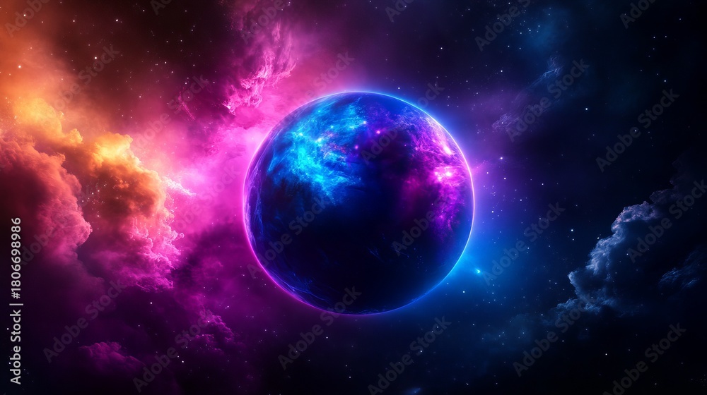 Obraz premium A glowing planet shows a mixture of blue and purple nebulas against a backdrop of stars and cosmic dust.
