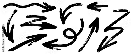 Bold brush arrow set. Hand drawn ink grunge rough direction pointers. Arrow shapes collection with various directions, dry brush marks, pastel pencil textures.  Vector sketch elements 