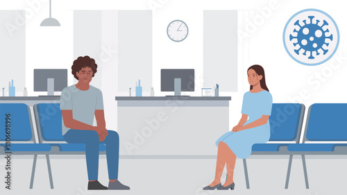 Man and woman sitting in clinic waiting room maintaining social distance during covid pandemic, vector illustration of healthcare safety protocols and virus prevention