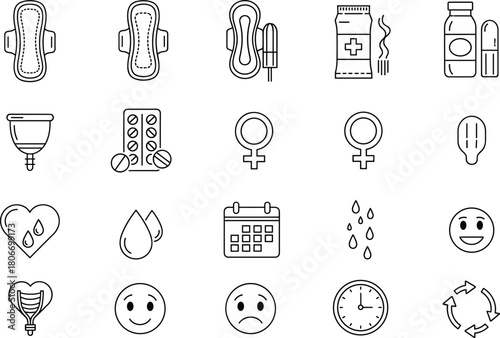 Menstruation icon set, vector sanitary pad and tampon symbols, feminine hygiene collection, women health elements, period cycle calendar outline, isolated medical design