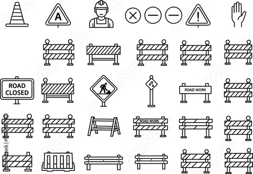 Road work icons set, construction barrier outline vector, traffic safety sign collection, street repair symbol, warning barricade line art, isolated industrial design element