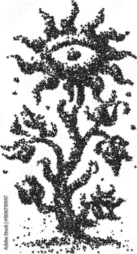 Mystical Tree of Life with a central all-seeing eye, created with a magical stipple vector effect. Symbolic design for themes of spirituality, nature, and esoteric wisdom.
