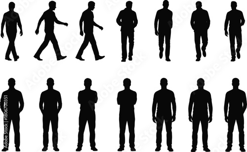 Set of man silhouettes, black vector male figures walking and standing, isolated people collection for architectural visualization and graphic design projects