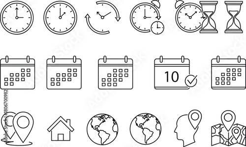 Time and location line icons set, vector clock, calendar and map pin symbols, isolated navigation elements for business scheduling and logistics design