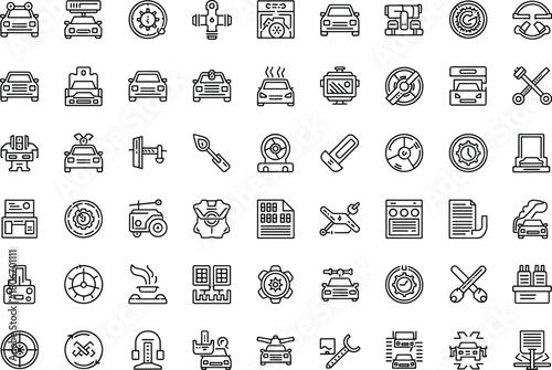 Automotive icon set, car repair symbols, autonomous driving vector, electric vehicle outline, garage service elements, auto maintenance collection, transport design