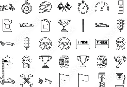 Car racing icons set, vector line art motorsport symbols, checkered flag and trophy elements, isolated speed competition collection for sport design
