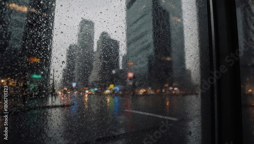 Rainy city view through a window