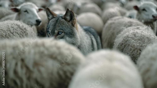 Wolf sheep flock predator pasture camouflage tension alert herd contrast gaze sneaky
