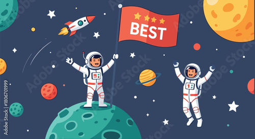 Astronauts celebrating success in space with flag isolated on white background