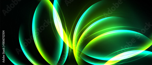 Abstract design features vibrant green, yellow glows. Smooth curves create dynamic, flowing composition against dark background. Modern, energetic feel.