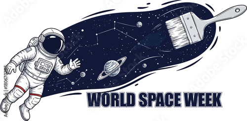 Astronaut painting the universe for world space week isolated on white background