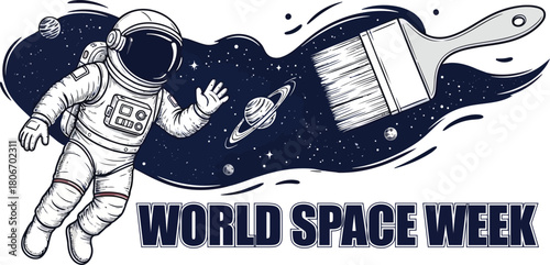 World space week illustration with astronaut and brush painting galaxy