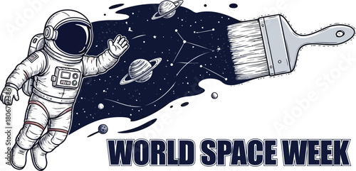 Astronaut painting the universe for world space week isolated on white background