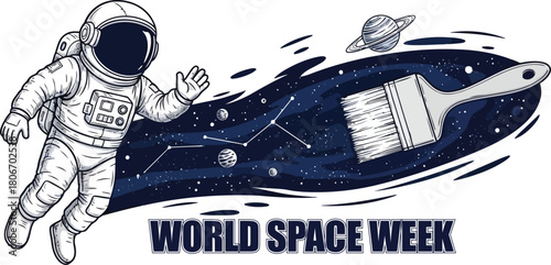 World space week illustration with astronaut painting the universe isolated on white background