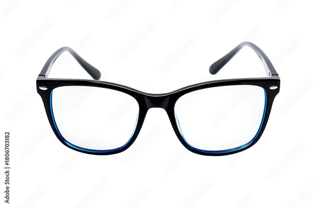 Fototapeta premium A close-up view of stylish black eyeglasses with blue accents. set against a clean white background. modern eyewear design suitable for fashion and optical needs