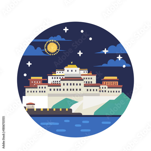 Panorama of Potala Palace at night (Tibet). The history of the palace reaches back to 1645. Back then the 5th Dalai Lama started the construction.
