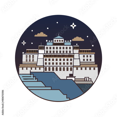 Panorama of Potala Palace at night (Tibet). The history of the palace reaches back to 1645. Back then the 5th Dalai Lama started the construction.
