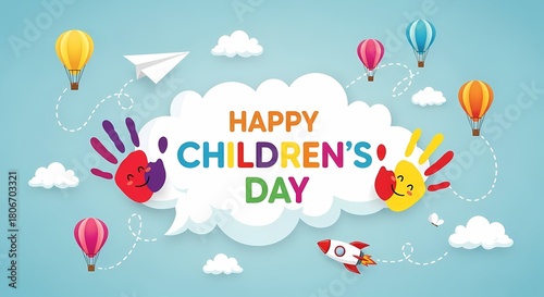 Happy childrens day banner with handprint, balloon and cloud on blue background