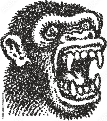 Roaring monkey head with bared fangs, rendered in an aggressive stipple vector style. A powerful primate monster or angry ape face for intense design concepts.
