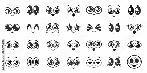 Set of cartoon eyes and mouths with various emotions in black and white