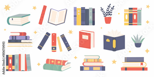 Collection of illustrated books and plants in a flat design style on white background