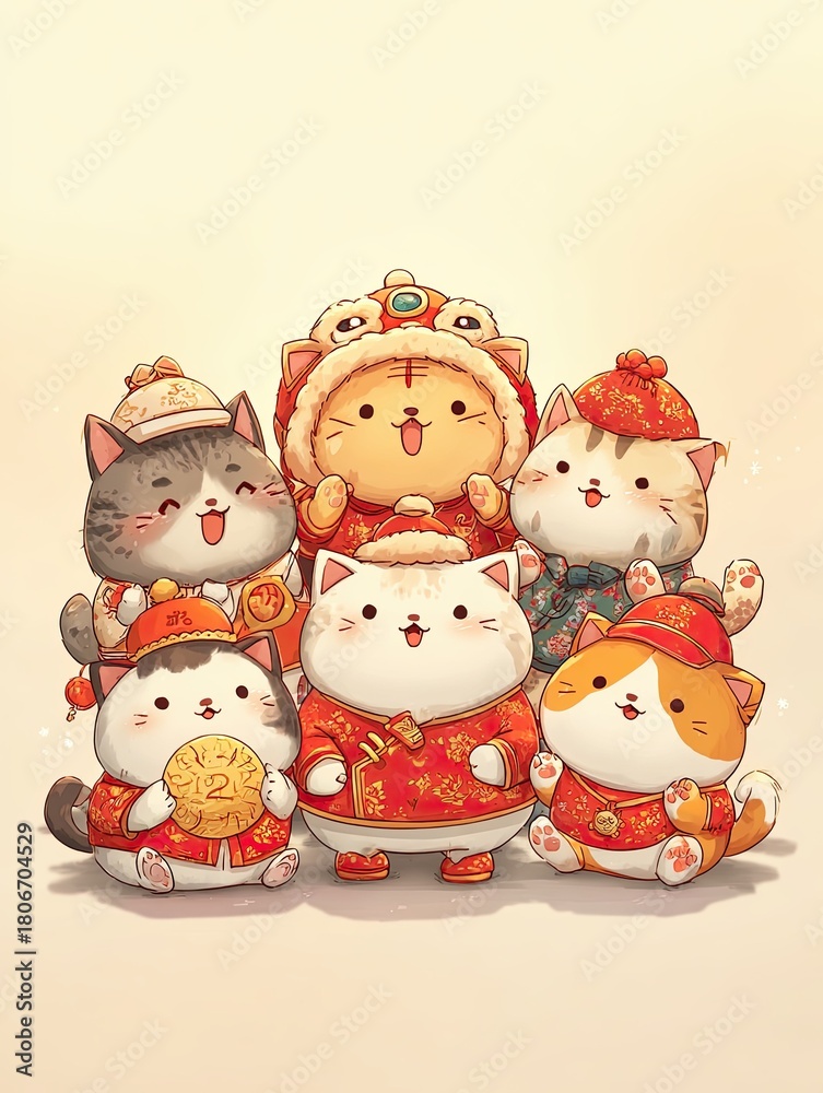 Fototapeta premium Joyful cartoon cats celebrate Chinese New Year 2026 in sweet, adorable style with a lion dance-rat mascot and festive outfits