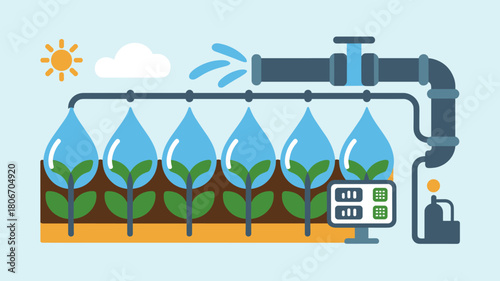 automated irrigation system watering plants in stylized droplets, vector illustration for smart farming, water conservation, and efficient agriculture