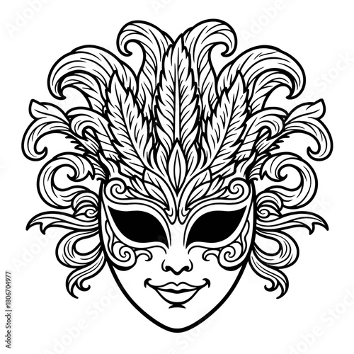 Rio Carnival Mask with Feathers Line Art Drawing - Ornate Brazilian Masquerade Minimalist Continuous Outline Vector Design