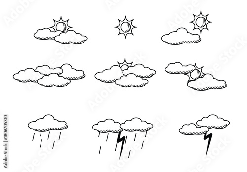 Hand Drawn Weather Icons Set Vector Illustration. Doodle Style Forecast Elements Collection. Sun, Clouds, Rain, and Storm Sketch Clipart.