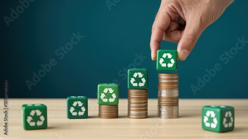 Human hand stacks recycling symbols atop increasing piles of currency coins to signify environmental investment growth