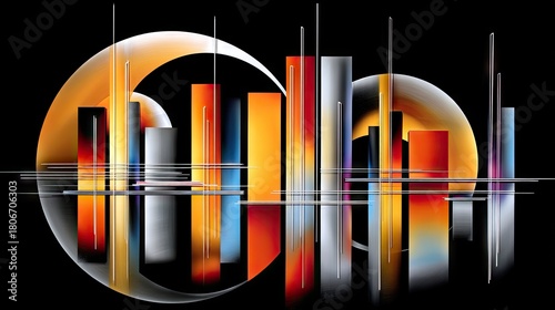 A vibrant abstract composition featuring vertical rectangular shapes resembling skyscrapers with a large, glowing orange orb or moon. © Atikaa