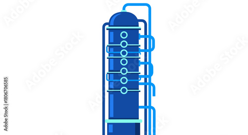 Stylized blue distillation column or chemical reactor with pipework no background