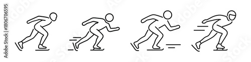 Linear icon set of speed skating: four stylized athletes in dynamic forward-leaning poses, captured mid-stride