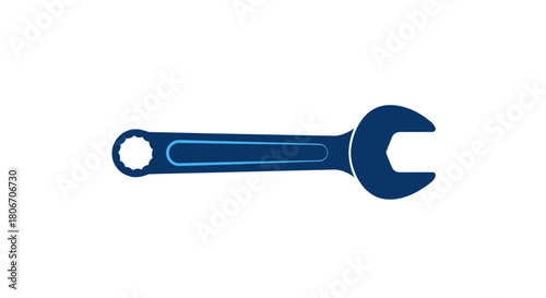 Stylized dark blue wrench with motion blur moving right on white background
