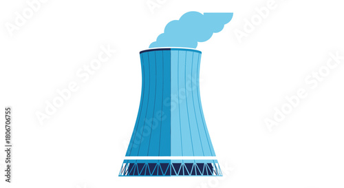 Stylized illustration of a blue cooling tower emitting a light blue vapor plume