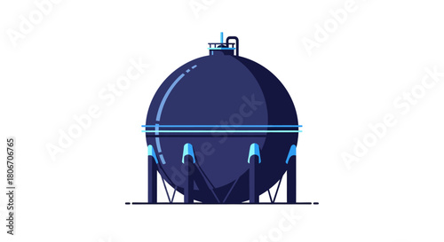 Stylized illustration of a dark blue spherical gas storage tank on supports
