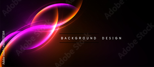 Abstract design features vibrant curves, orange, pink hues against black backdrop. Modern aesthetic, dynamic flow, elegant presentation.