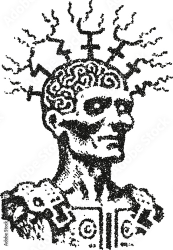 Vector stipple drawing of humanoid deity head with mechanical parts and halo rays in futuristic sci-fi dotwork style
