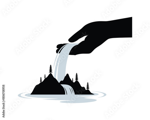 Hand pouring water onto a mountain landscape concept of abundance and growth