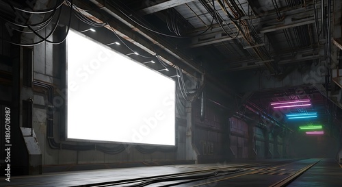 Fototapeta Naklejka Na Ścianę i Meble -  Sci-fi, empty billboard. Cyberpunk. Futuristic empty white billboard mockup. Billboard in futuristic hangar. Grunge, concrete. Modern warehouse with empty billboard. Tunnel. 3d render.