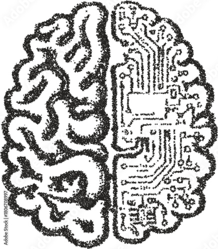 Vector stipple illustration of human brain hemispheres comparing biological and circuit board technology in dotwork style
