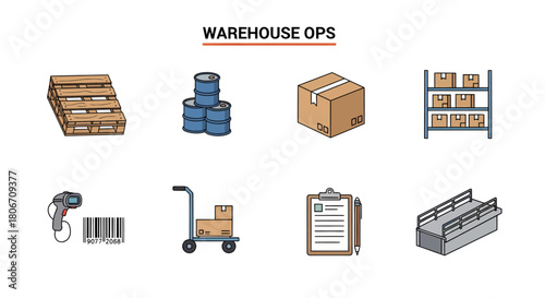An illustration of seventeen icons representing various warehouse operations and equipment