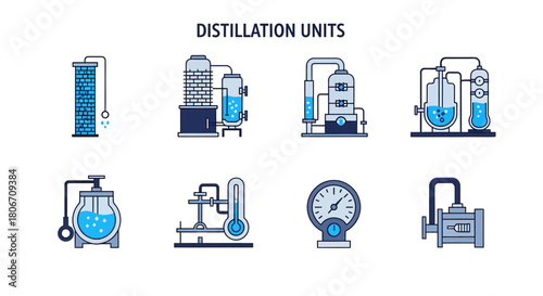 An infographic illustrating eight distinct distillation unit components with labels no background