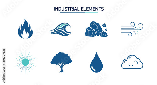 Eight blue icons representing industrial elements Fire Water Rock Wind Sun Tree Oil and Gas Vapor
