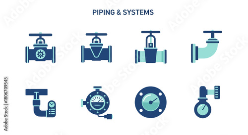 Eight distinct icons representing various piping and system components with labels