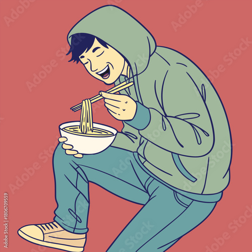 Young man in hoodie happily eating a bowl of noodles with chopsticks in a modern illustration